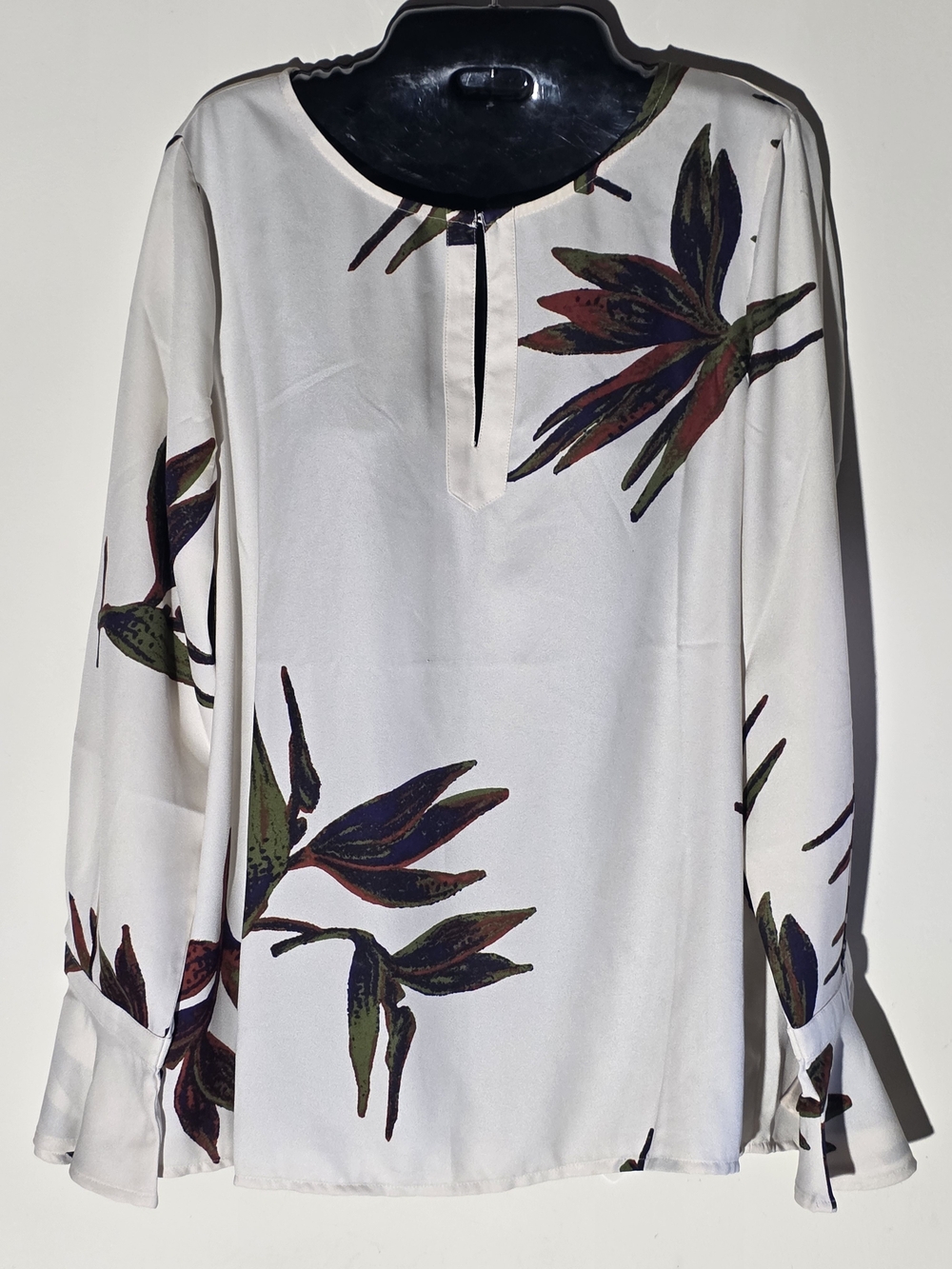 Tres Jolie Cream Blouse with Olive and Burgundy Floral Print (Size S)